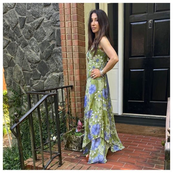 42 Boho Silk Blend One of Kind Print Sleeveless Asymmetrical Maxi Dress - Picture 7 of 8